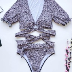 Floral-Print Short Sleeves Split Bikini Swimsuit