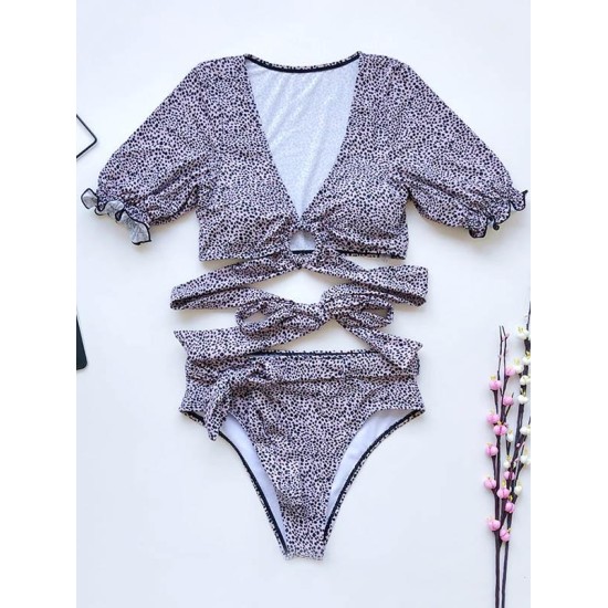 Floral-Print Short Sleeves Split Bikini Swimsuit Floral-Print Short Sleeves Split Bikini Swimsuit