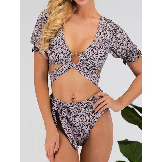 Floral-Print Short Sleeves Split Bikini Swimsuit Floral-Print Short Sleeves Split Bikini Swimsuit