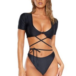 Short Sleeves Bandage Split Bikini Swimsuit