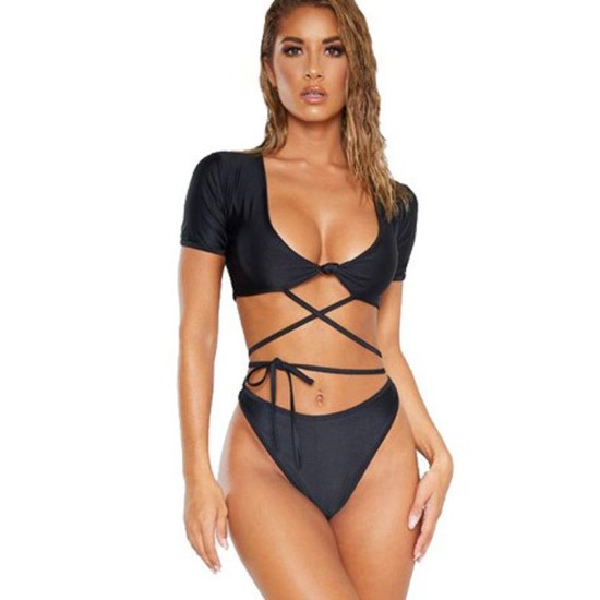 Short Sleeves Bandage Split Bikini Swimsuit Short Sleeves Bandage Split Bikini Swimsuit