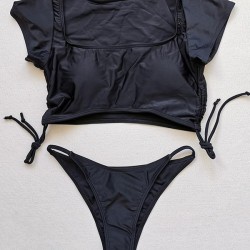 Solid Color Half Sleeve Bandage Split Bikini Swimsuit