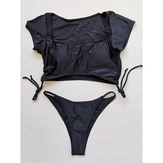 Solid Color Half Sleeve Bandage Split Bikini Swimsuit Solid Color Half Sleeve Bandage Split Bikini Swimsuit