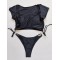 Solid Color Half Sleeve Bandage Split Bikini Swimsuit