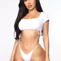 Solid Color Half Sleeve Bandage Split Bikini Swimsuit