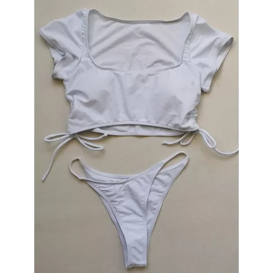 Solid Color Half Sleeve Bandage Split Bikini Swimsuit Solid Color Half Sleeve Bandage Split Bikini Swimsuit