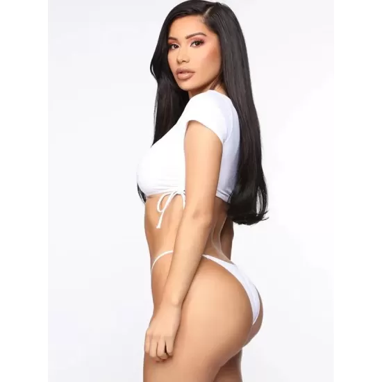Solid Color Half Sleeve Bandage Split Bikini Swimsuit Solid Color Half Sleeve Bandage Split Bikini Swimsuit