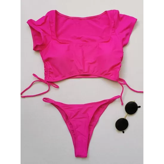 Solid Color Half Sleeve Bandage Split Bikini Swimsuit Solid Color Half Sleeve Bandage Split Bikini Swimsuit