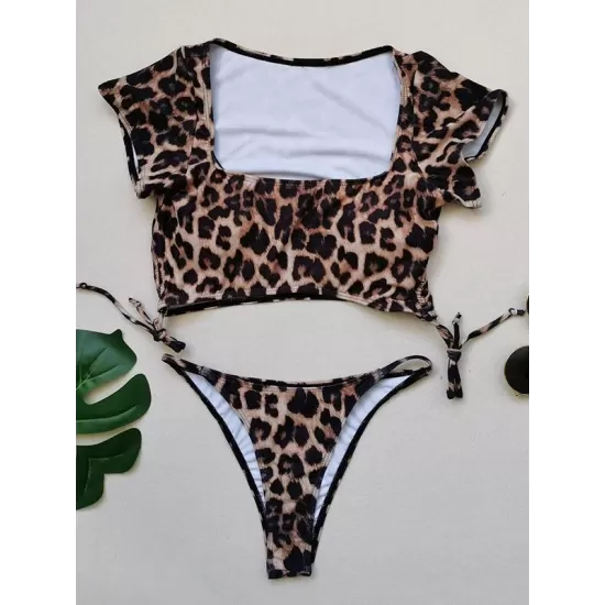 Solid Color Half Sleeve Bandage Split Bikini Swimsuit Solid Color Half Sleeve Bandage Split Bikini Swimsuit