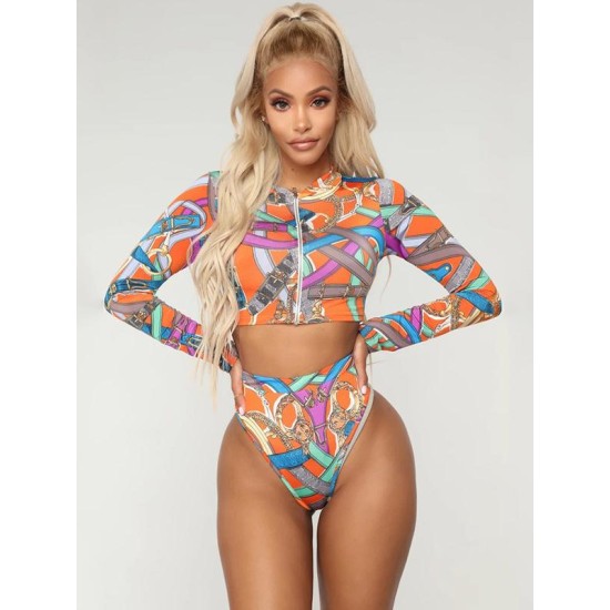 Printed Long Sleeve Tankini Swimsuit Printed Long Sleeve Tankini Swimsuit