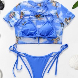 Printed Triangles+T-Shirt Three-Piece Set Tankini Swimsuit