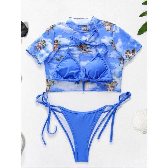 Printed Triangles+T-Shirt Three-Piece Set Tankini Swimsuit Printed Triangles+T-Shirt Three-Piece Set Tankini Swimsuit
