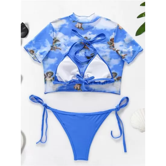 Printed Triangles+T-Shirt Three-Piece Set Tankini Swimsuit Printed Triangles+T-Shirt Three-Piece Set Tankini Swimsuit