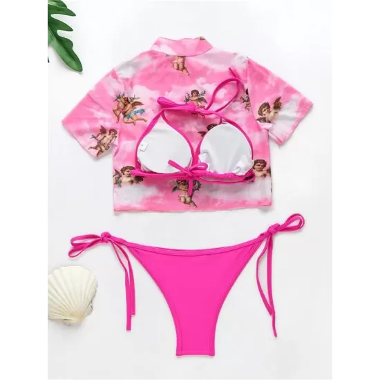 Printed Triangles+T-Shirt Three-Piece Set Tankini Swimsuit Printed Triangles+T-Shirt Three-Piece Set Tankini Swimsuit