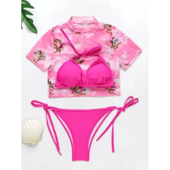 Printed Triangles+T-Shirt Three-Piece Set Tankini Swimsuit Printed Triangles+T-Shirt Three-Piece Set Tankini Swimsuit