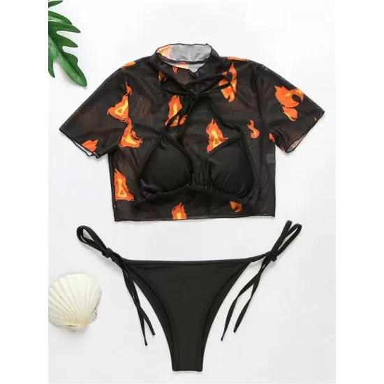 Printed Triangles+T-Shirt Three-Piece Set Tankini Swimsuit Printed Triangles+T-Shirt Three-Piece Set Tankini Swimsuit
