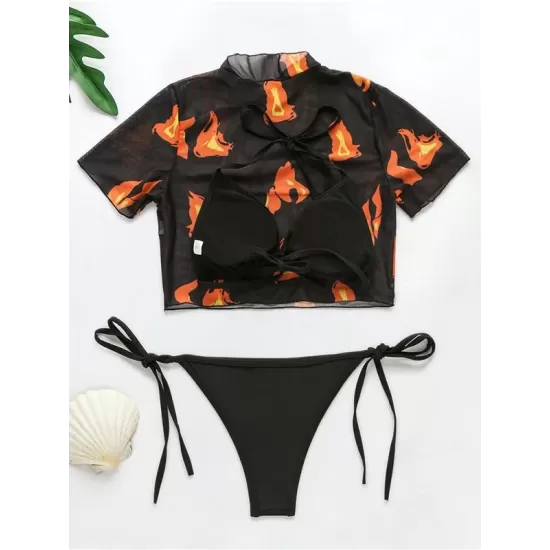 Printed Triangles+T-Shirt Three-Piece Set Tankini Swimsuit Printed Triangles+T-Shirt Three-Piece Set Tankini Swimsuit