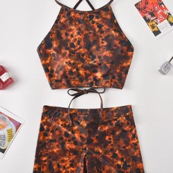 Leopard Print Bandage Backless Split Bikini Swimsuit