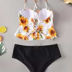 Floral-Print Underwired Falbala Split Bikini Swimsuit