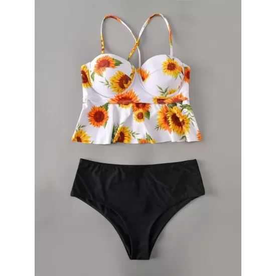 Floral-Print Underwired Falbala Split Bikini Swimsuit Floral-Print Underwired Falbala Split Bikini Swimsuit