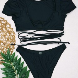 Bubble Sleeves Bandage Hollow Split Bikini Swimsuit