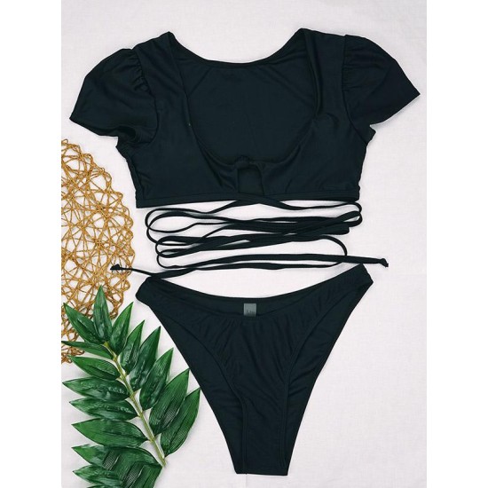 Bubble Sleeves Bandage Hollow Split Bikini Swimsuit Bubble Sleeves Bandage Hollow Split Bikini Swimsuit