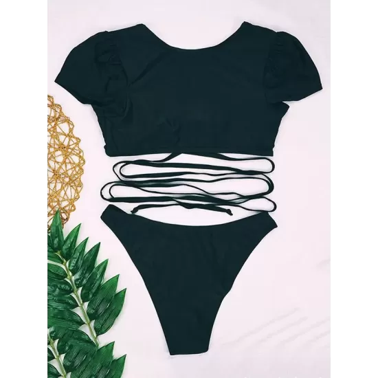 Bubble Sleeves Bandage Hollow Split Bikini Swimsuit Bubble Sleeves Bandage Hollow Split Bikini Swimsuit