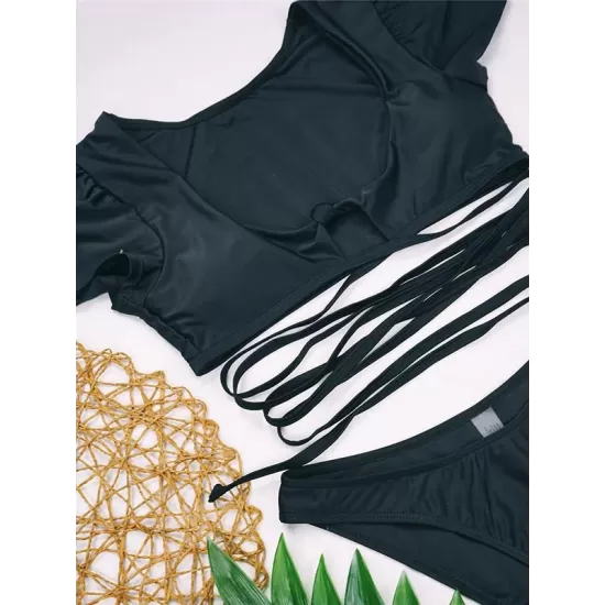 Bubble Sleeves Bandage Hollow Split Bikini Swimsuit Bubble Sleeves Bandage Hollow Split Bikini Swimsuit