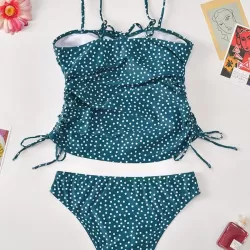 Polka-Dot Bandage Gathered Split Tankinis Swimsuit