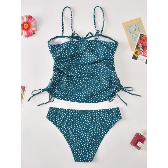 Polka-Dot Bandage Gathered Split Tankinis Swimsuit Polka-Dot Bandage Gathered Split Tankinis Swimsuit