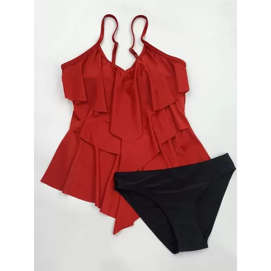 Tiered Falbala Long Section Split Bikini Swimsuit Tiered Falbala Long Section Split Bikini Swimsuit