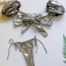 Shiny Puff Sleeves Knotted Split Tankini Swimsuit