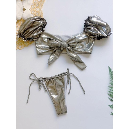 Shiny Puff Sleeves Knotted Split Tankini Swimsuit Shiny Puff Sleeves Knotted Split Tankini Swimsuit