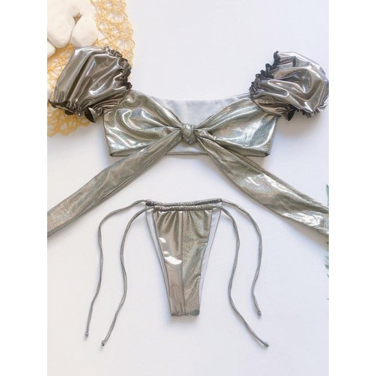 Shiny Puff Sleeves Knotted Split Tankini Swimsuit Shiny Puff Sleeves Knotted Split Tankini Swimsuit
