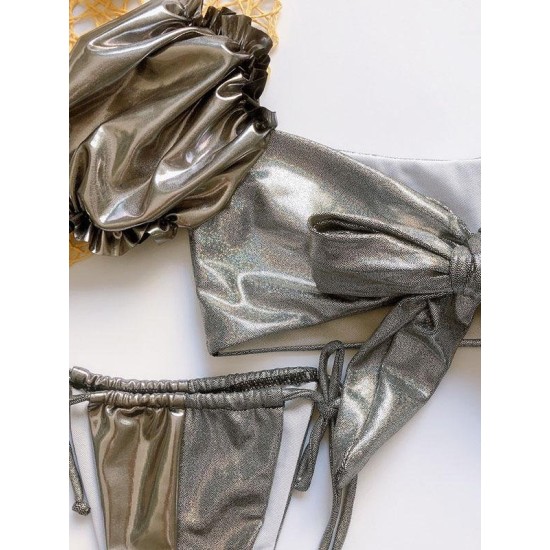Shiny Puff Sleeves Knotted Split Tankini Swimsuit Shiny Puff Sleeves Knotted Split Tankini Swimsuit
