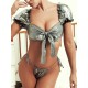 Shiny Puff Sleeves Knotted Split Tankini Swimsuit Shiny Puff Sleeves Knotted Split Tankini Swimsuit