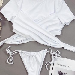 Stylish Bandage Split-Joint Short Sleeve Split Tankini Swimsuit
