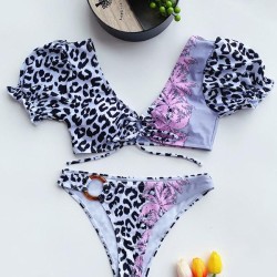 Asymmetric Leopard Print  Puff Sleeves Embellished Split Tankini Swimsuit