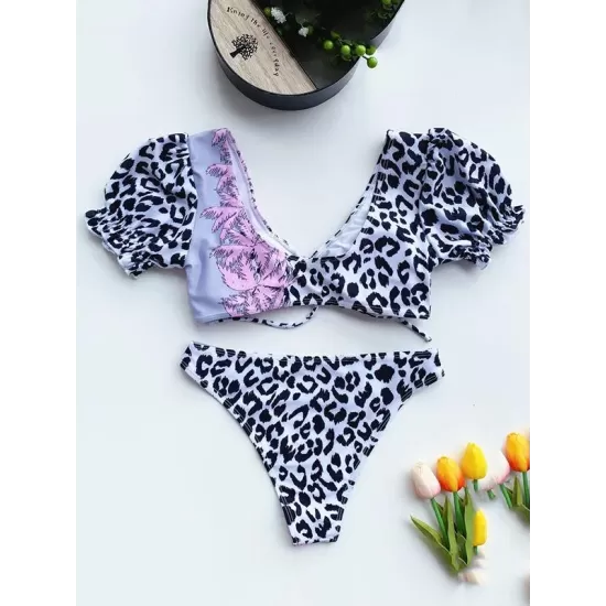 Asymmetric Leopard Print Puff Sleeves Embellished Split Tankini Swimsuit Asymmetric Leopard Print Puff Sleeves Embellished Split Tankini Swimsuit
