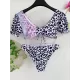 Asymmetric Leopard Print Puff Sleeves Embellished Split Tankini Swimsuit Asymmetric Leopard Print Puff Sleeves Embellished Split Tankini Swimsuit