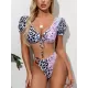 Asymmetric Leopard Print Puff Sleeves Embellished Split Tankini Swimsuit Asymmetric Leopard Print Puff Sleeves Embellished Split Tankini Swimsuit