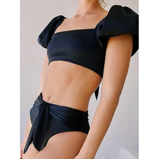 Solid Color Backless Puff Sleeves Split Tankini Swimsuit Solid Color Backless Puff Sleeves Split Tankini Swimsuit