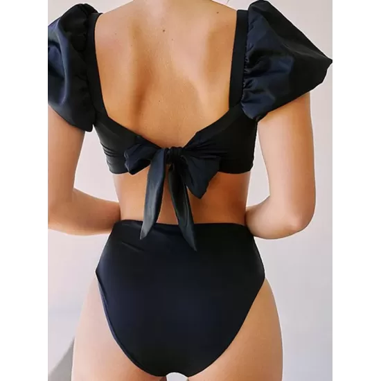 Solid Color Backless Puff Sleeves Split Tankini Swimsuit Solid Color Backless Puff Sleeves Split Tankini Swimsuit