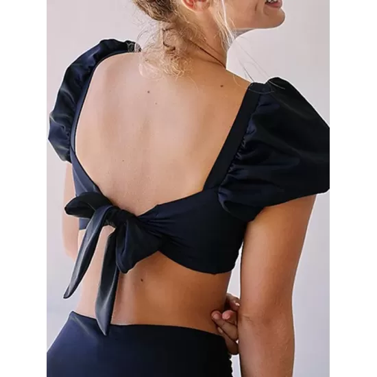 Solid Color Backless Puff Sleeves Split Tankini Swimsuit Solid Color Backless Puff Sleeves Split Tankini Swimsuit