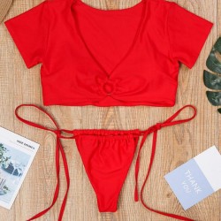 Solid Color Sexy Bandage Short Sleeve Split Tankini Swimsuit