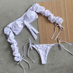Solid Color Off-The-Shoulder Long-Sleeved Knotted Split Tankini Swimsuit