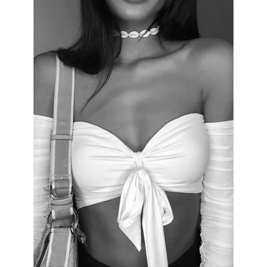 Solid Color Off-The-Shoulder Long-Sleeved Knotted Split Tankini Swimsuit Solid Color Off-The-Shoulder Long-Sleeved Knotted Split Tankini Swimsuit
