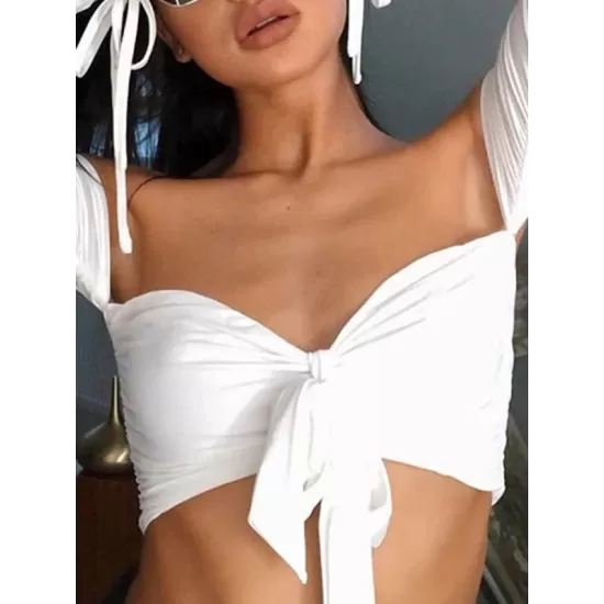 Solid Color Off-The-Shoulder Long-Sleeved Knotted Split Tankini Swimsuit Solid Color Off-The-Shoulder Long-Sleeved Knotted Split Tankini Swimsuit