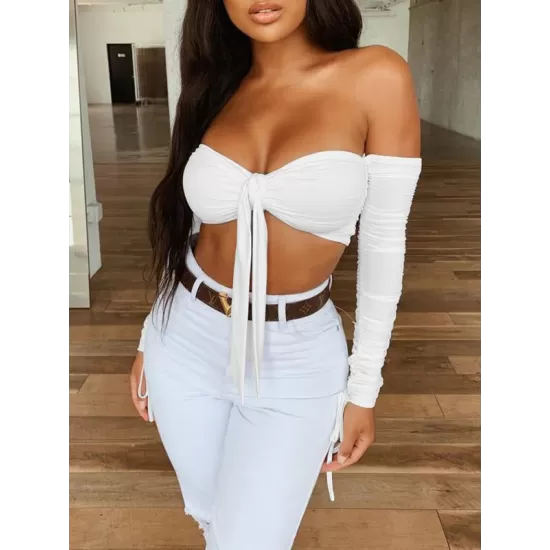 Solid Color Off-The-Shoulder Long-Sleeved Knotted Split Tankini Swimsuit Solid Color Off-The-Shoulder Long-Sleeved Knotted Split Tankini Swimsuit