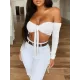Solid Color Off-The-Shoulder Long-Sleeved Knotted Split Tankini Swimsuit Solid Color Off-The-Shoulder Long-Sleeved Knotted Split Tankini Swimsuit